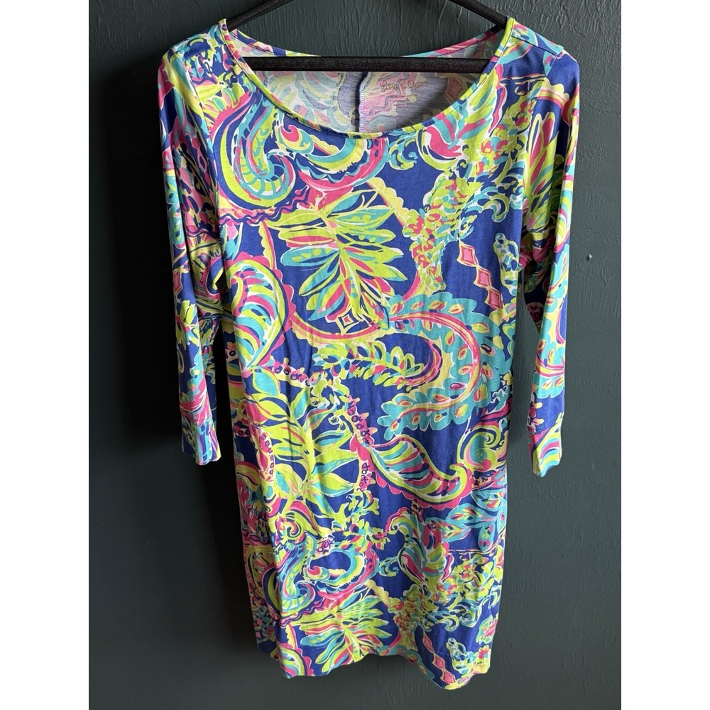 Lilly Pulitzer Medium Pima Cotton 3/4 Sleeve Paisley Print Knit Shift Dress Blue